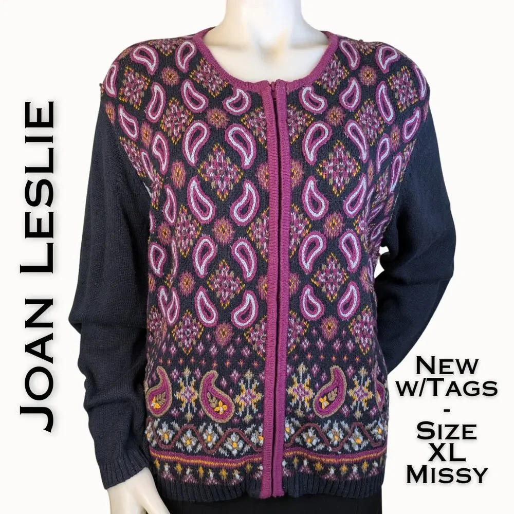 Joan Leslie Cardigan Sweater XL Berry Blue Paisley Embroidered Boho VTG NEW - Picture 1 of 12